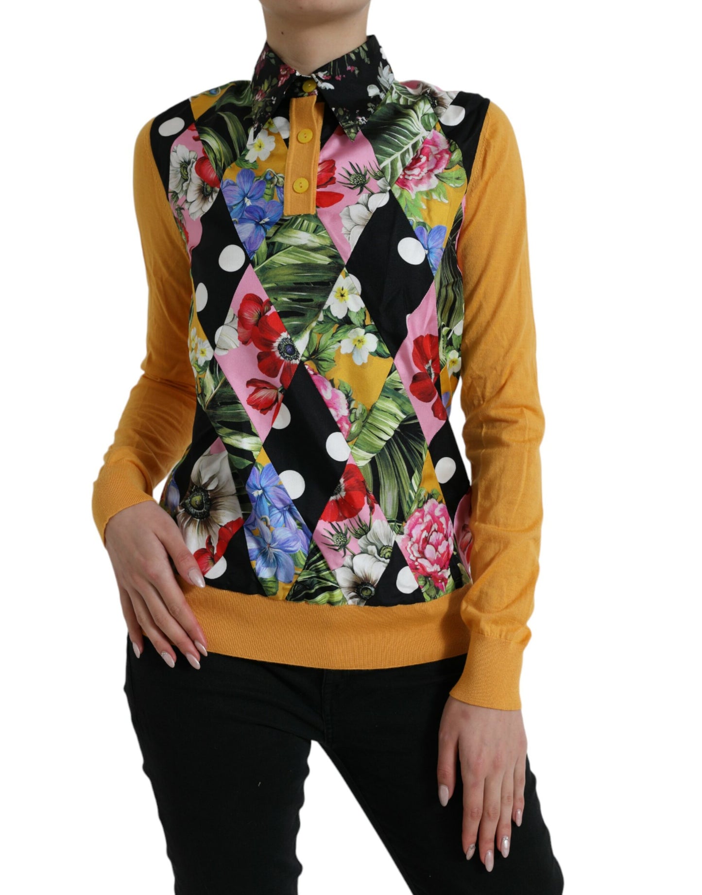 Elegante suéter de mezcla de seda con diseño henley y patchwork