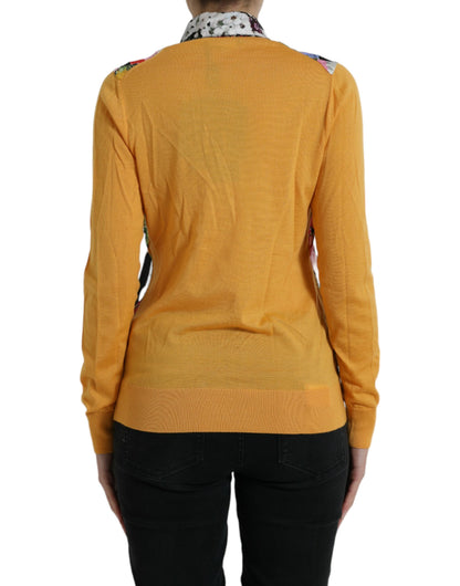 Elegante suéter de mezcla de seda con diseño henley y patchwork