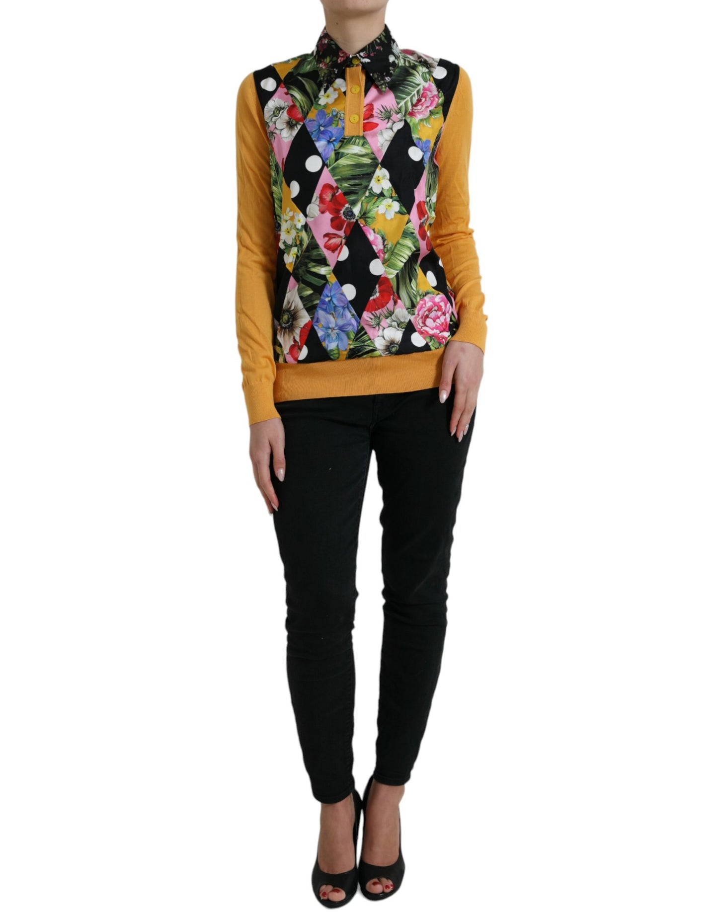 Elegante suéter de mezcla de seda con diseño henley y patchwork