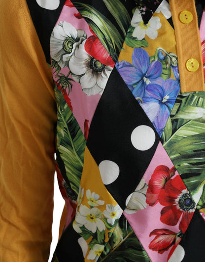 Elegante suéter de mezcla de seda con diseño henley y patchwork