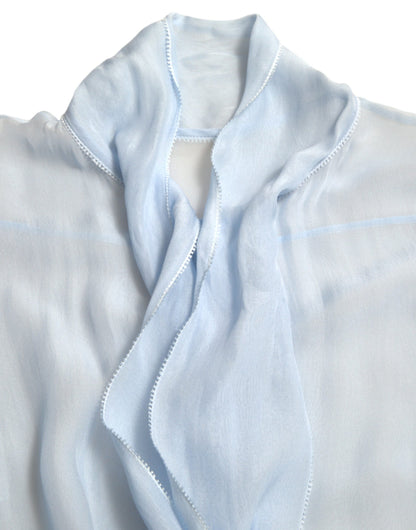 Blue Long Sleeves Ascot Collar Blouse Top