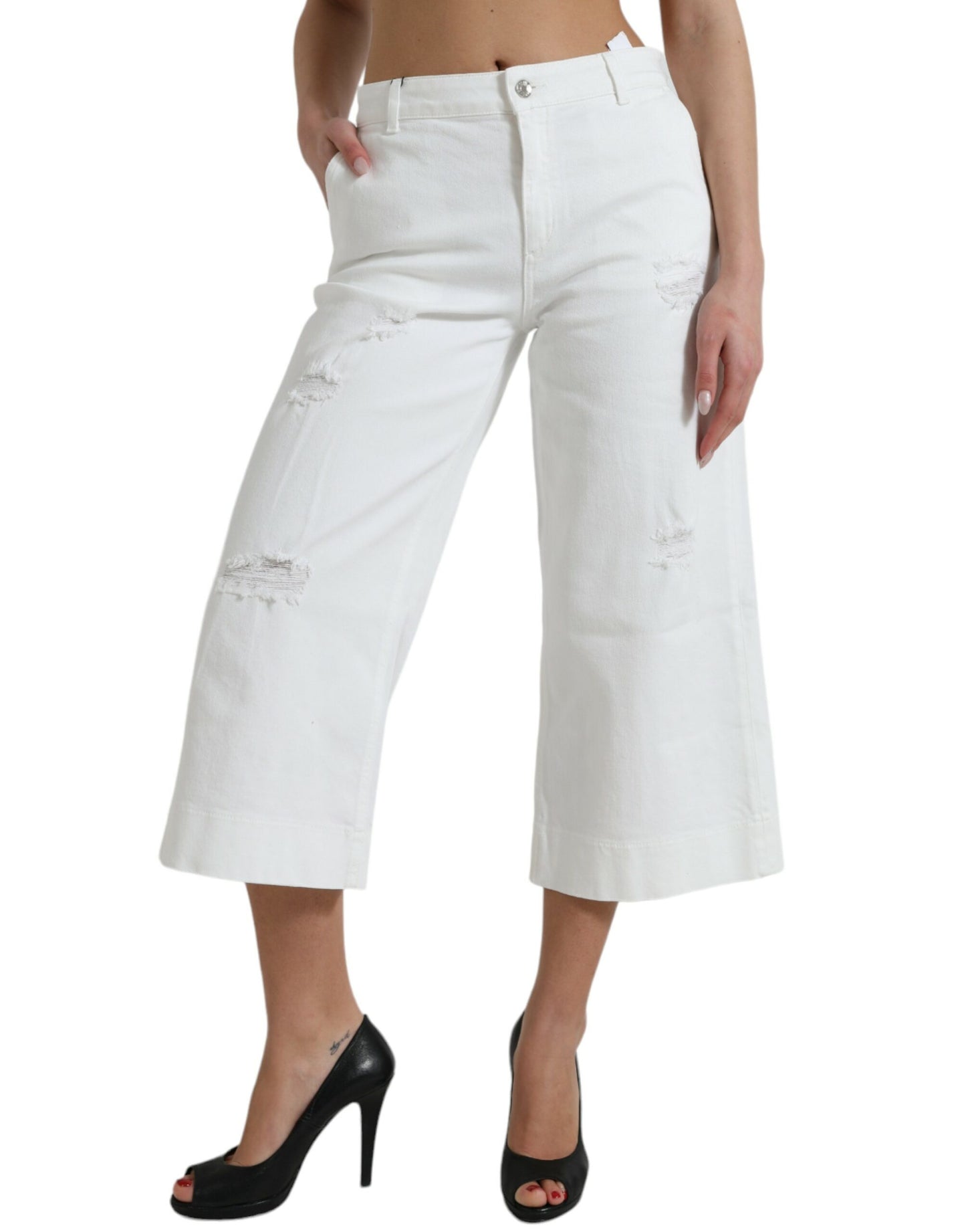Elegantes jeans blancos de cintura media con corte tobillero