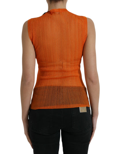 Orange See Through Crew Neck Blouse Tank Top