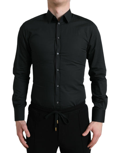 Camisa de vestir elegante y ajustada de mezcla de seda negra