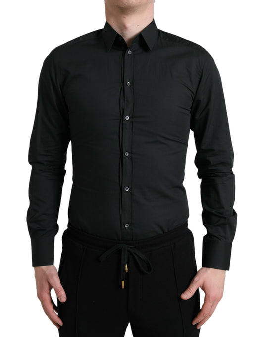 Camisa de vestir elegante y ajustada de mezcla de seda negra