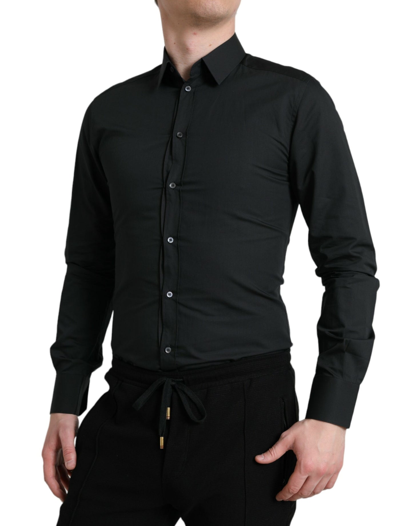 Camisa de vestir elegante y ajustada de mezcla de seda negra