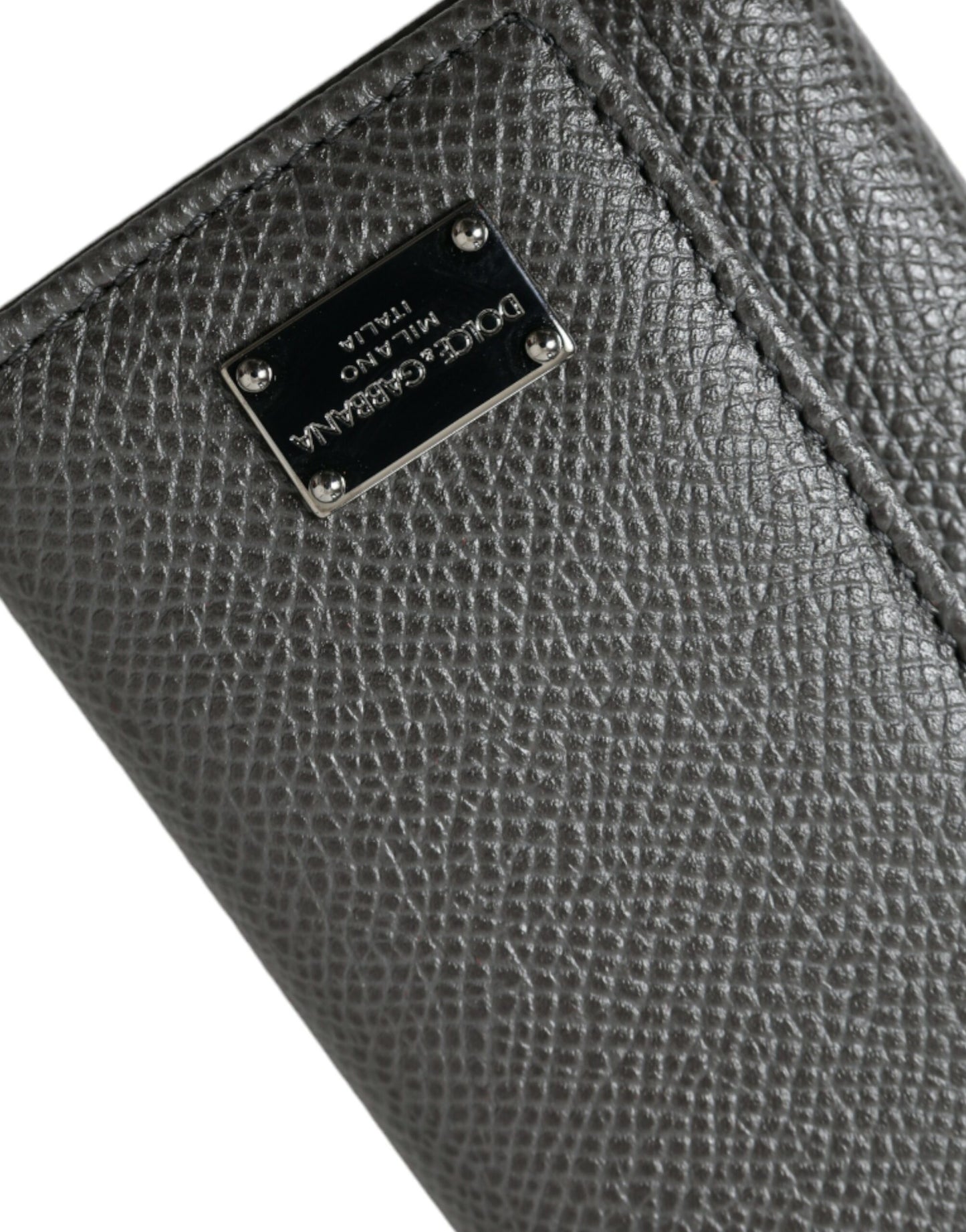 Gray Leather Silver Metal Logo Plaque Trifold Keyring