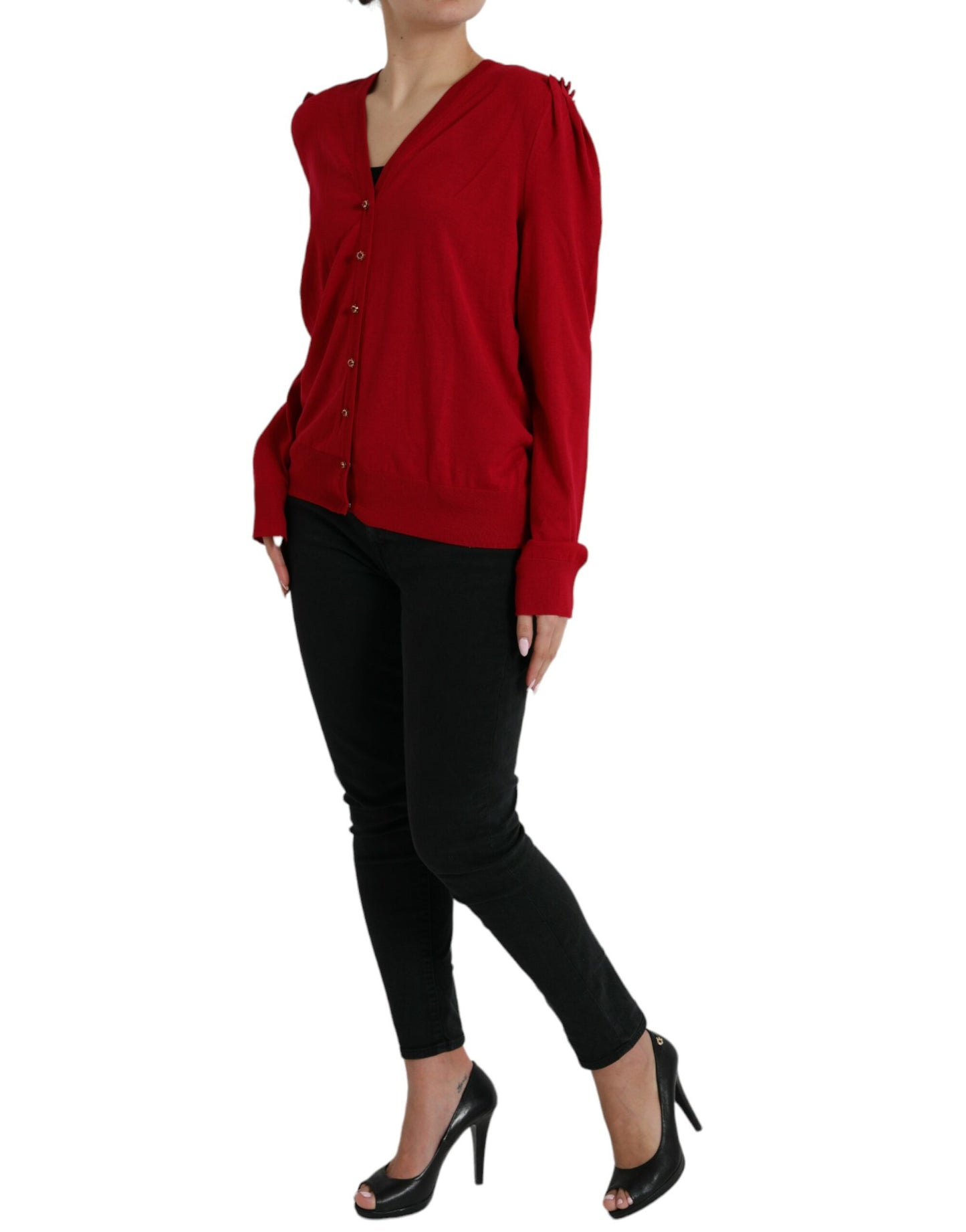 Elegante cárdigan rojo de lana con cuello en V