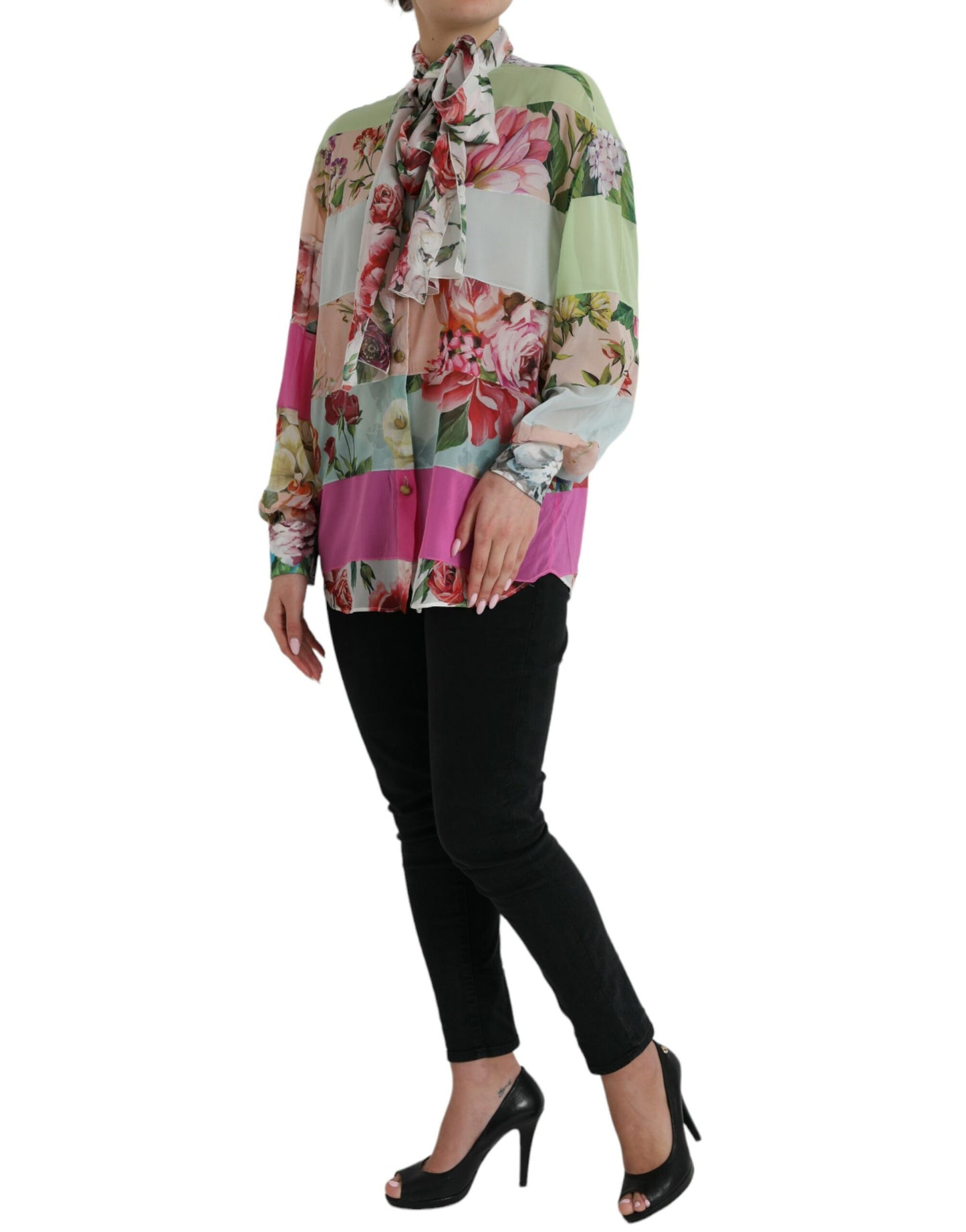Elegante blusa de manga larga en mezcla de seda multicolor