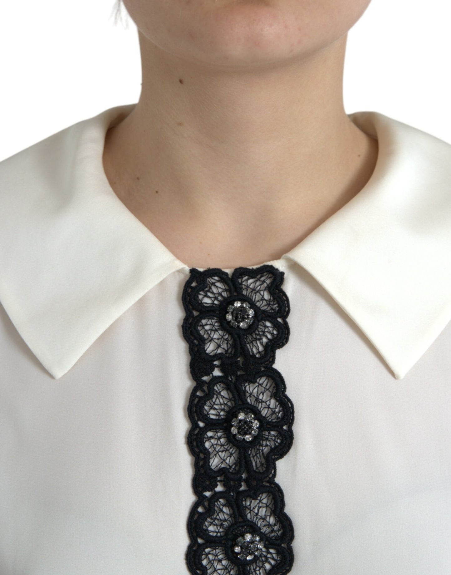 Off White Silk Lace Trim Short Sleeves Top