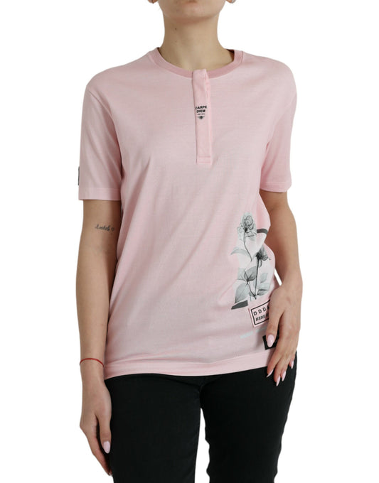 Pink Floral Print Cotton Short Sleeves T-shirt