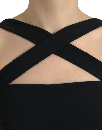 Elegante vestido midi negro con cuello halter