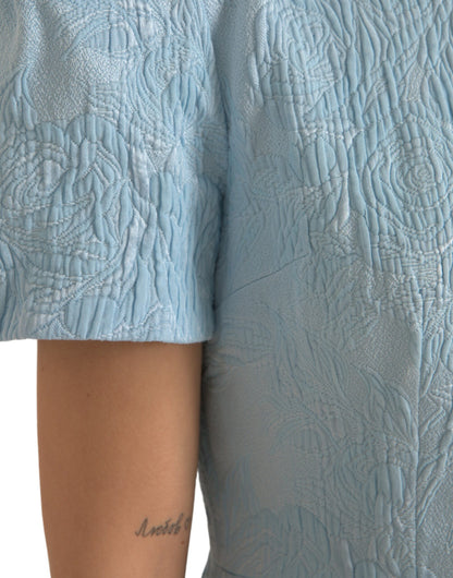 Light Blue Floral Jacquard Puff Sleeve Mini Dress