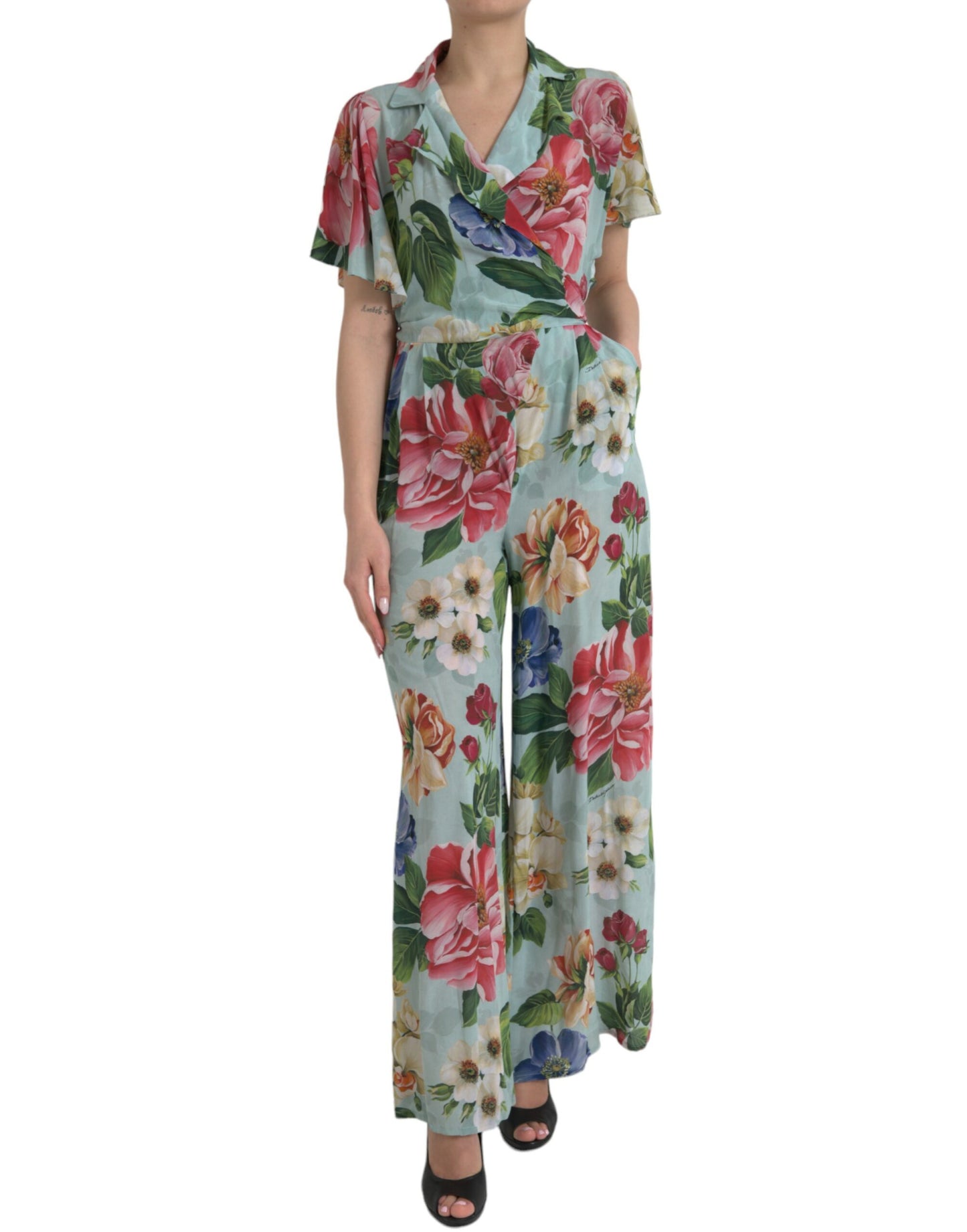 Blue Floral Wide Leg Wrap Jumpsuit Dress