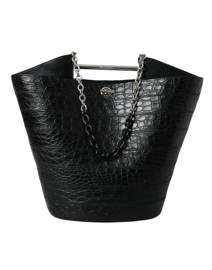 Elegante bolso maxi tipo cubo de piel de cocodrilo negra