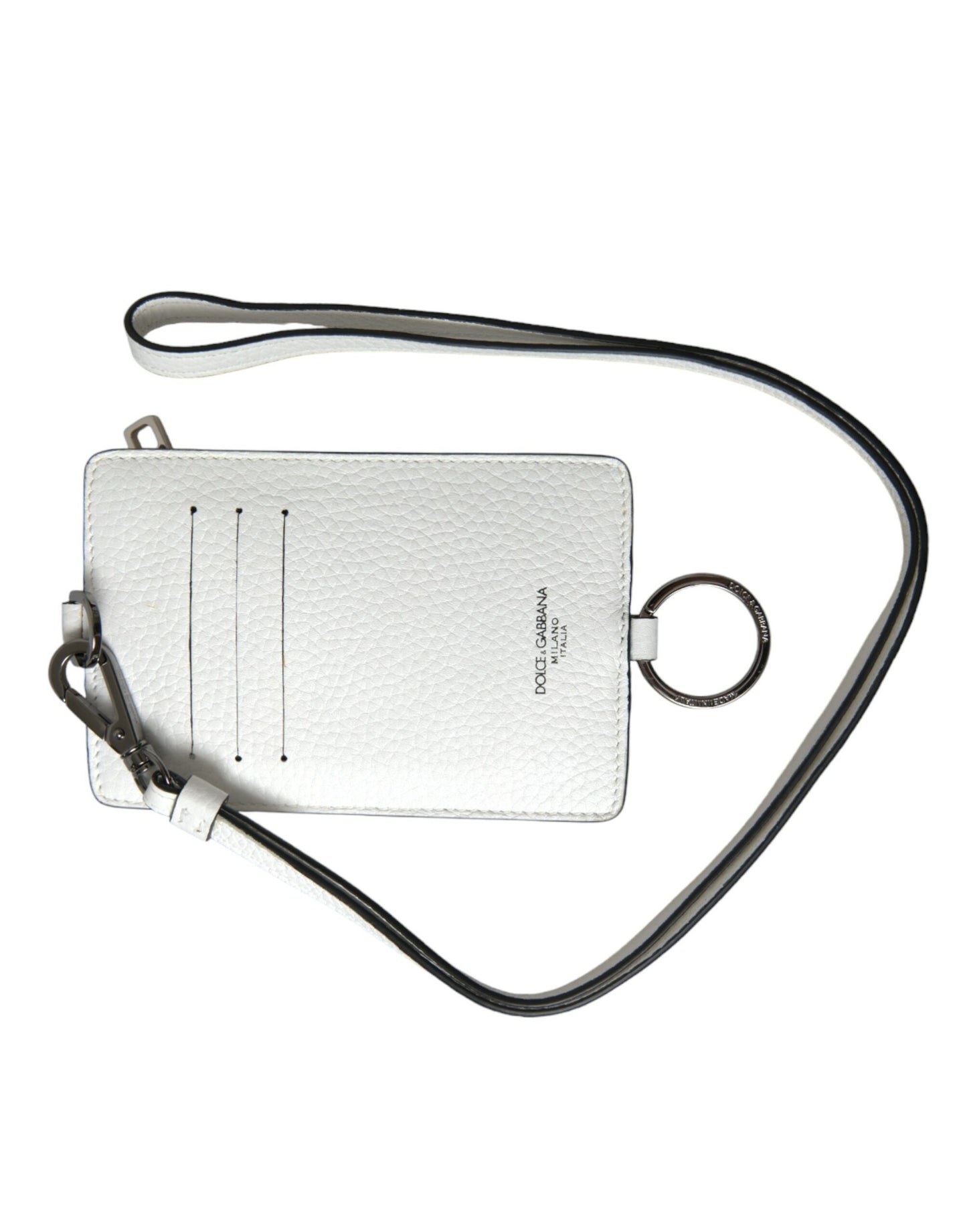 Cartera porta tarjetas con logotipo y cordón de piel de becerro blanca