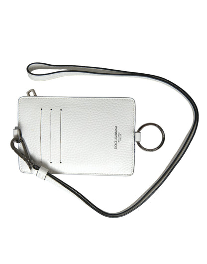 Cartera porta tarjetas con logotipo y cordón de piel de becerro blanca
