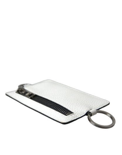 Cartera porta tarjetas con logotipo y cordón de piel de becerro blanca