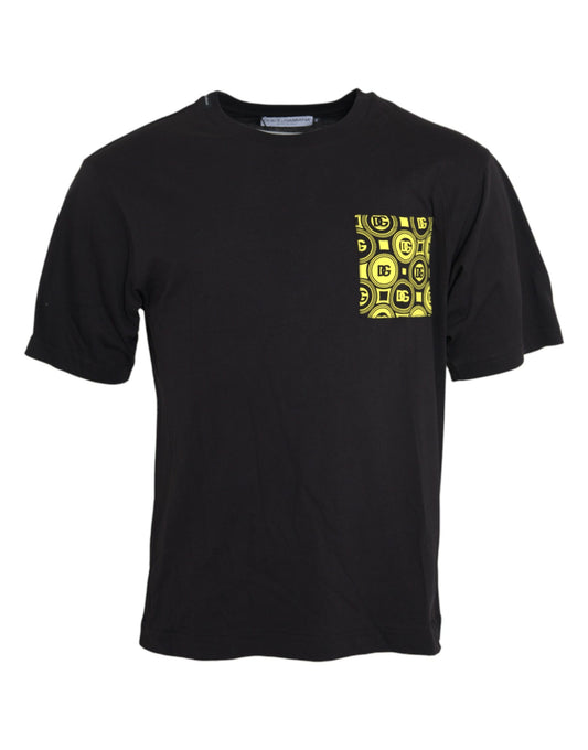 Camiseta de algodón con cuello redondo y bolsillo estampado en negro