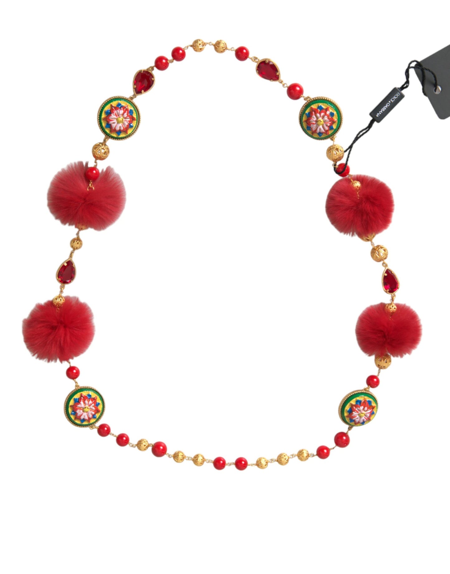 Collar de cadena Carretto de cristal de piel roja y latón dorado