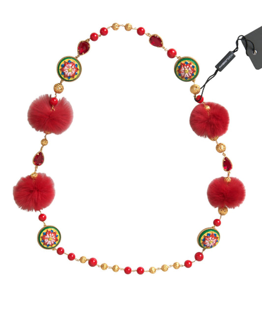 Collar de cadena Carretto de cristal de piel roja y latón dorado