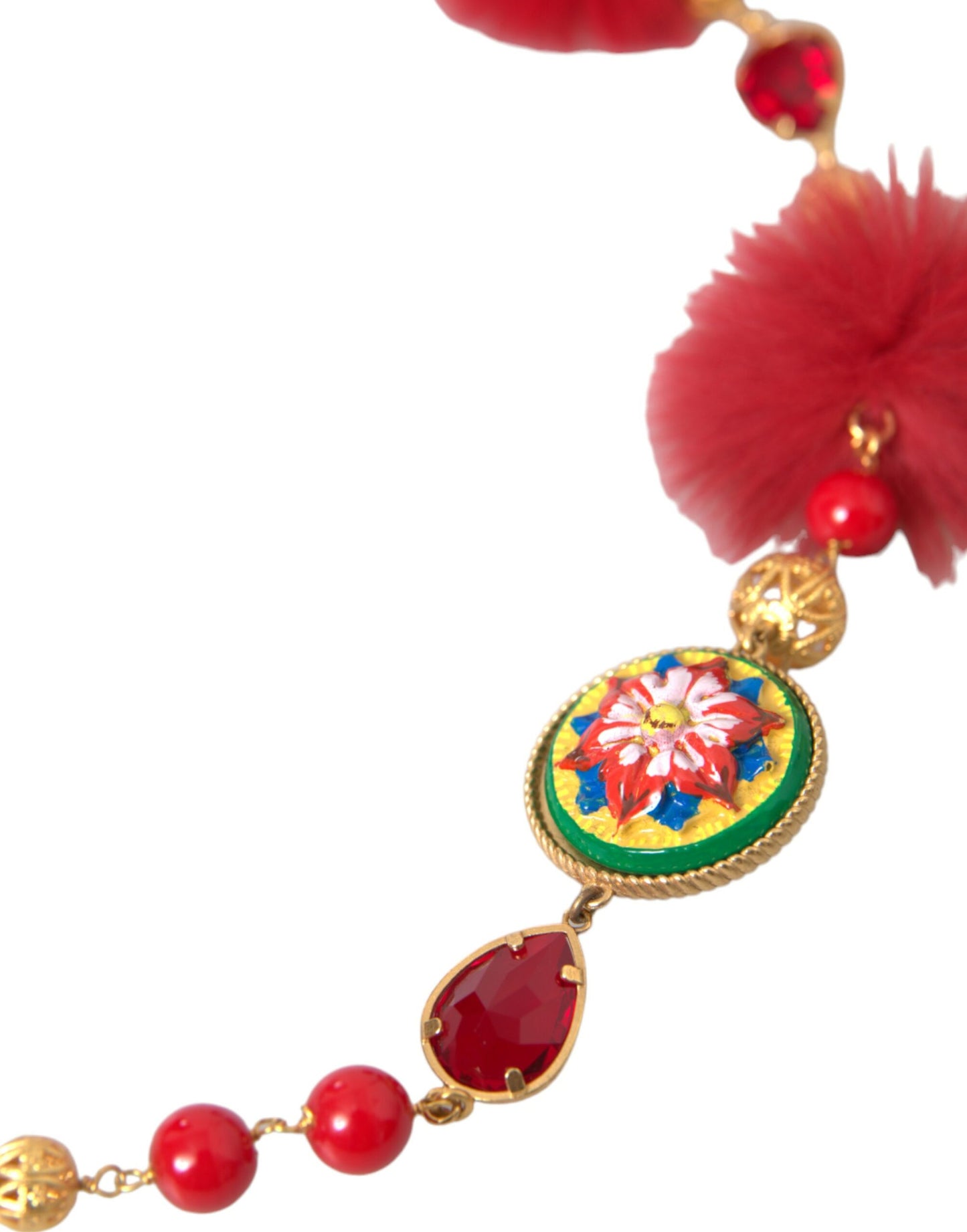 Collar de cadena Carretto de cristal de piel roja y latón dorado
