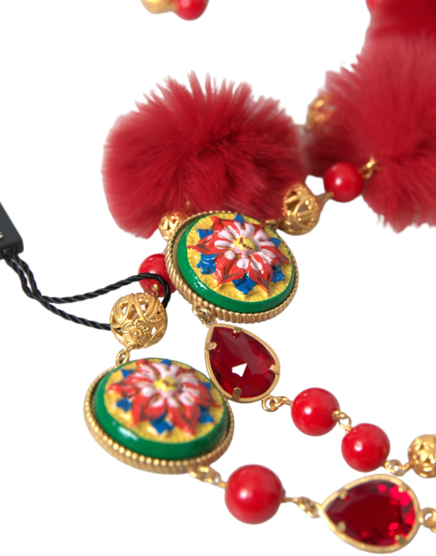 Collar de cadena Carretto de cristal de piel roja y latón dorado