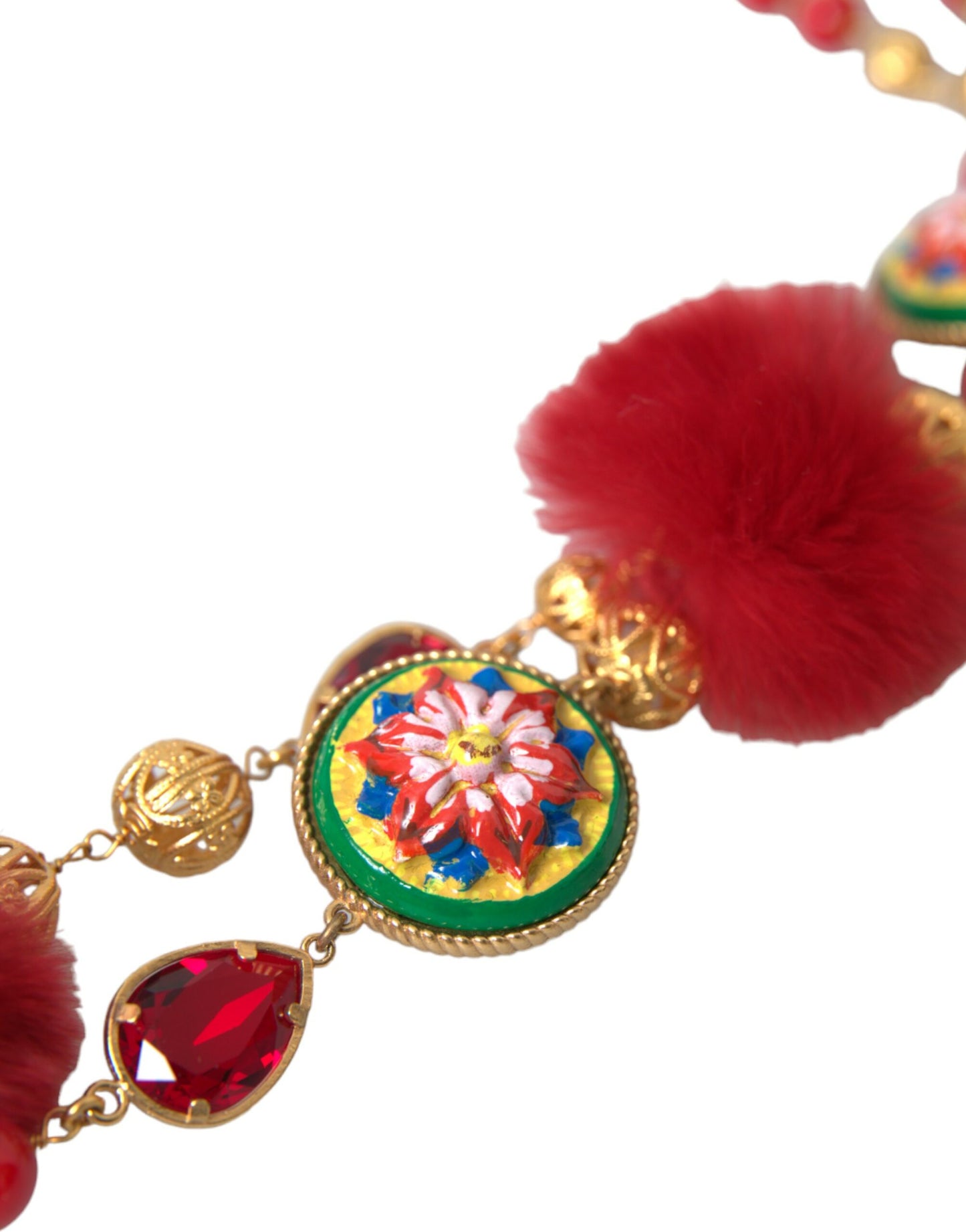 Collar de cadena Carretto de cristal de piel roja y latón dorado