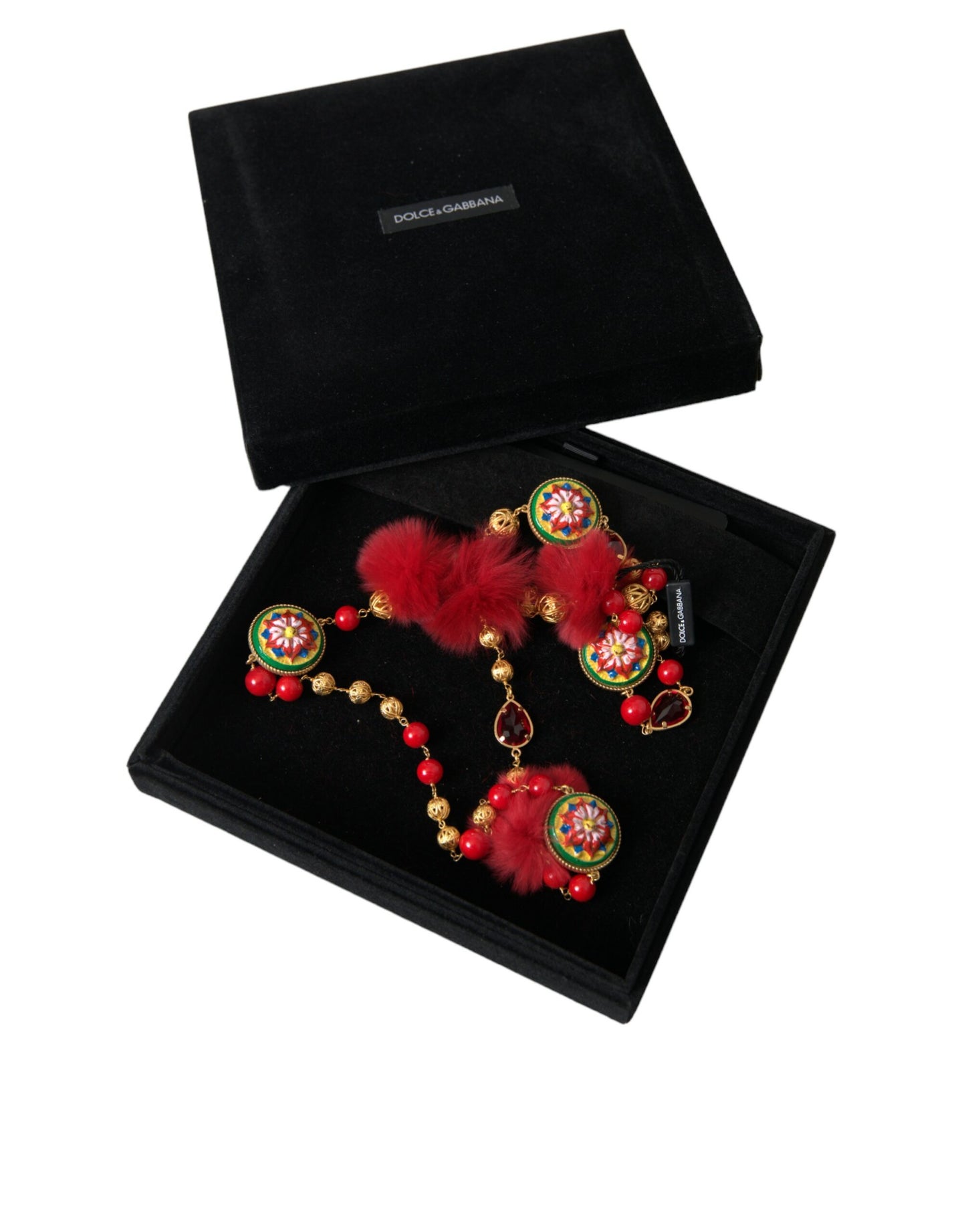 Collar de cadena Carretto de cristal de piel roja y latón dorado