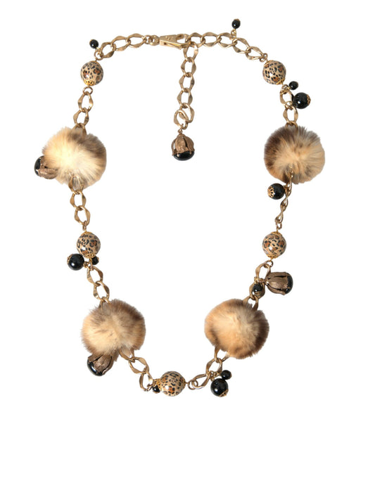 Cinturón de cadena con collar de perlas y piel de leopardo de latón dorado