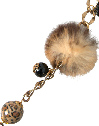 Cinturón de cadena con collar de perlas y piel de leopardo de latón dorado