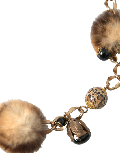 Cinturón de cadena con collar de perlas y piel de leopardo de latón dorado