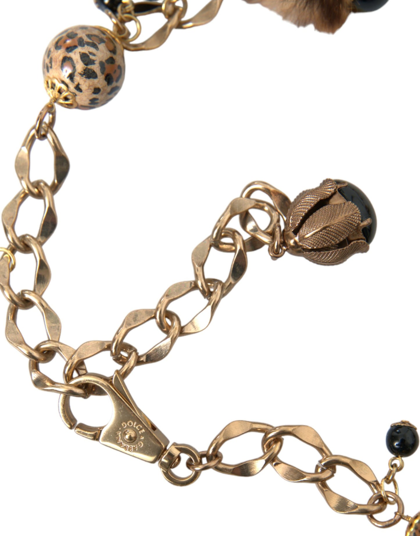 Cinturón de cadena con collar de perlas y piel de leopardo de latón dorado