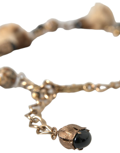 Cinturón de cadena con collar de perlas y piel de leopardo de latón dorado