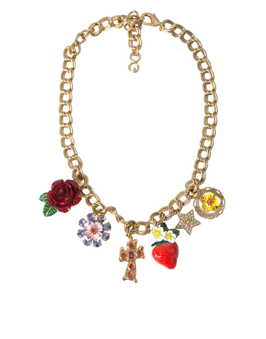 Collar con colgante de estrella de fresa y cruz rosa con cadena de oro