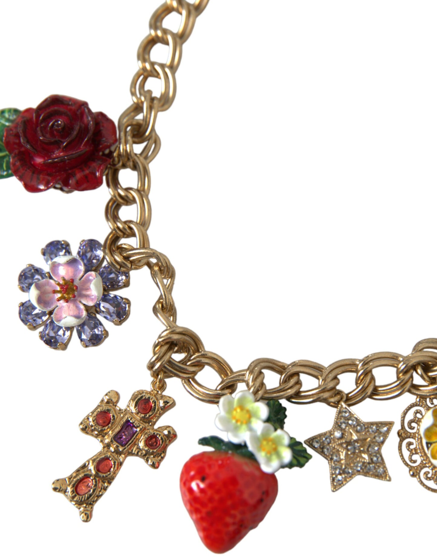 Collar con colgante de estrella de fresa y cruz rosa con cadena de oro