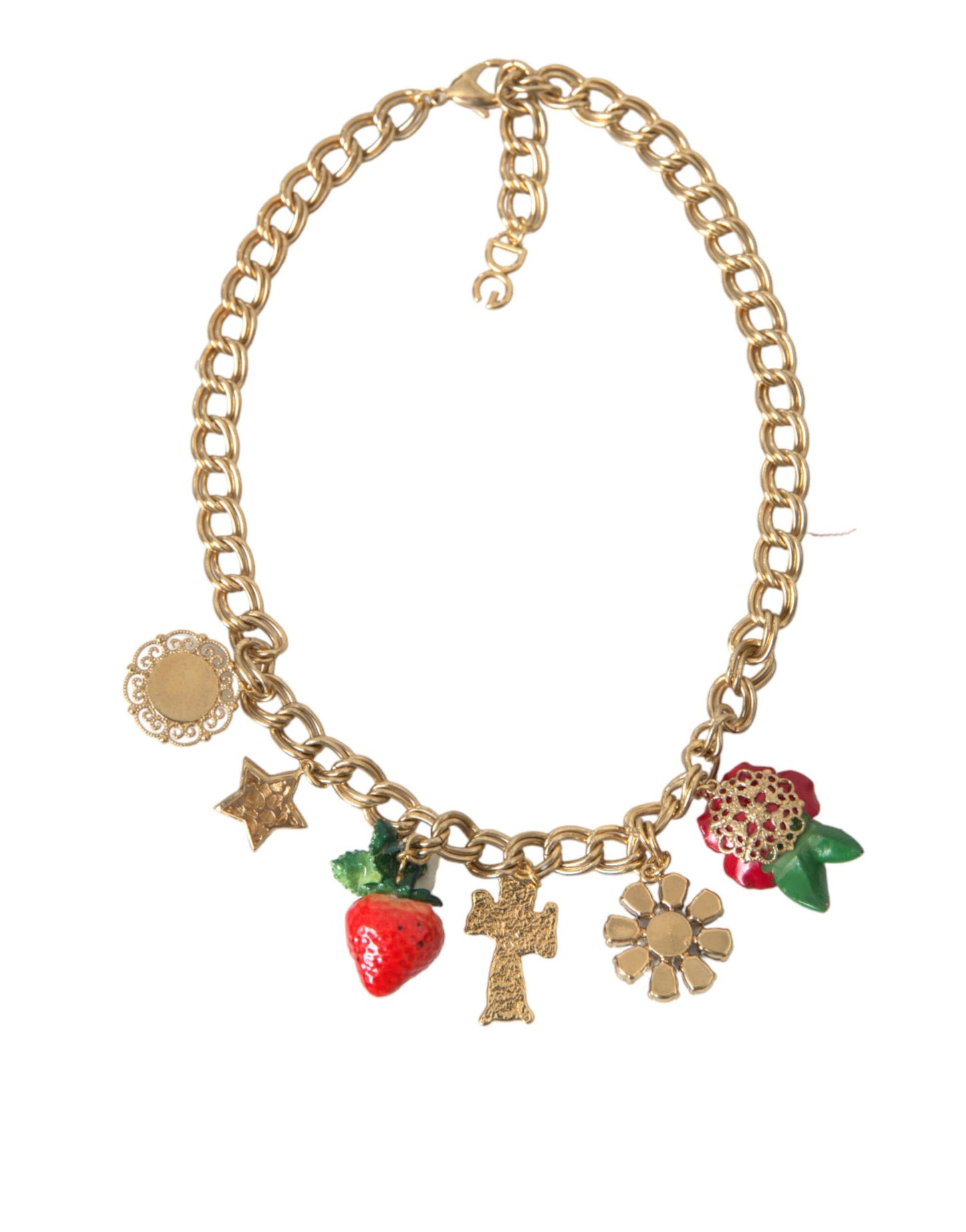 Collar con colgante de estrella de fresa y cruz rosa con cadena de oro