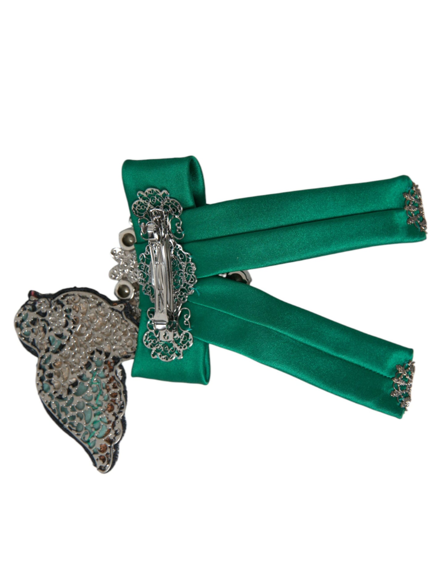 Pinza para el pelo de mujer con cristal de pájaro de satén verde