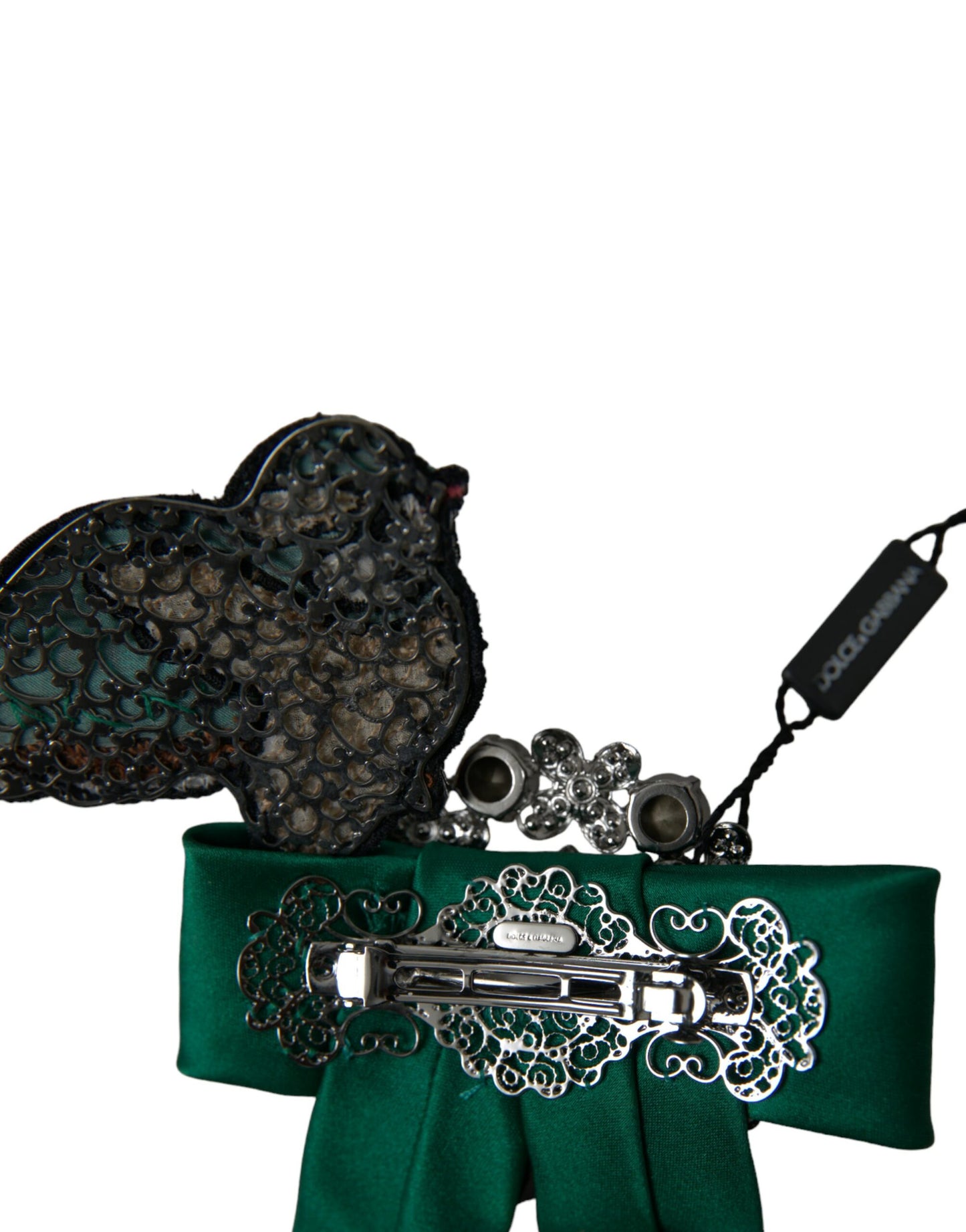 Pinza para el pelo de mujer con cristal de pájaro de satén verde
