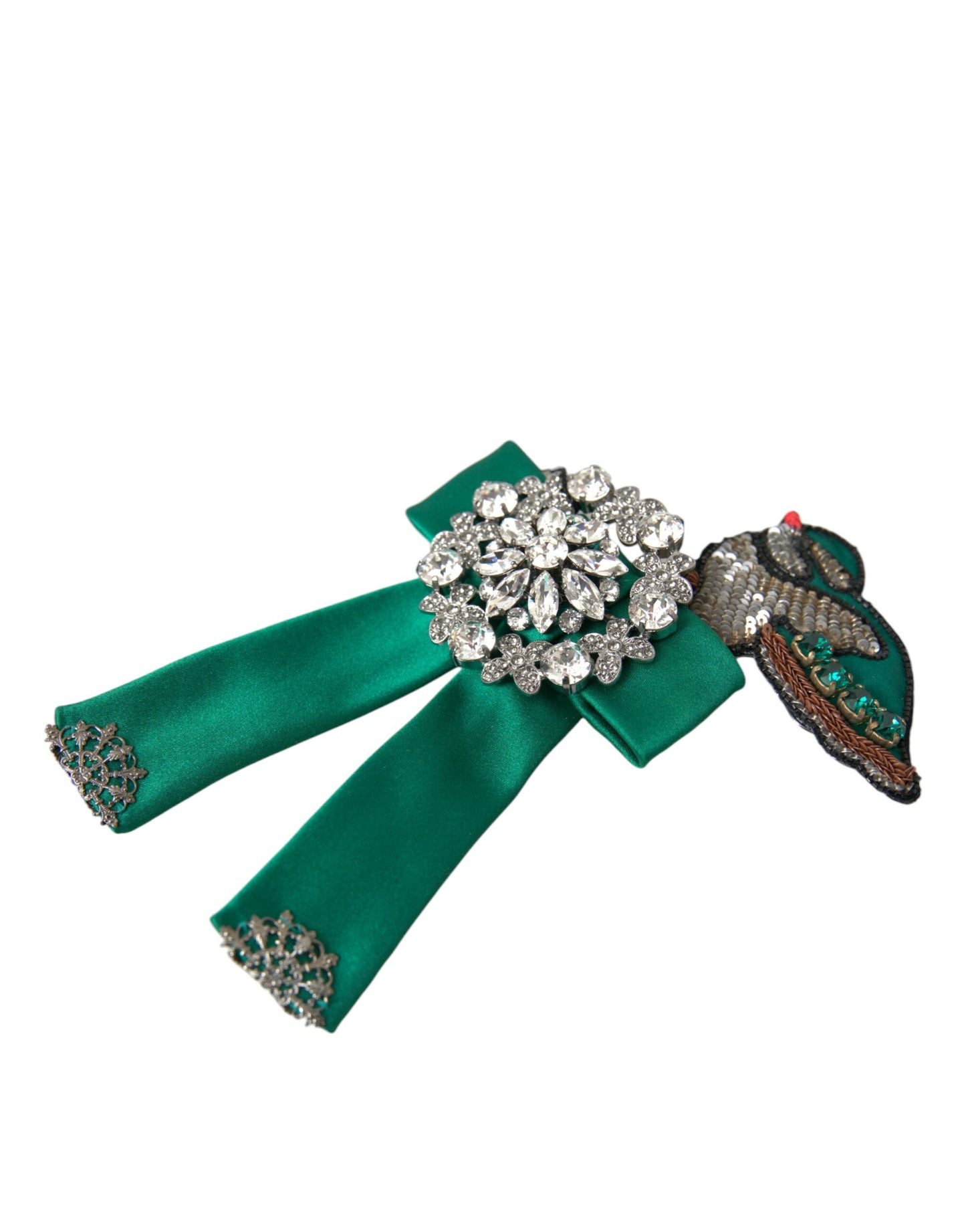 Pinza para el pelo de mujer con cristal de pájaro de satén verde