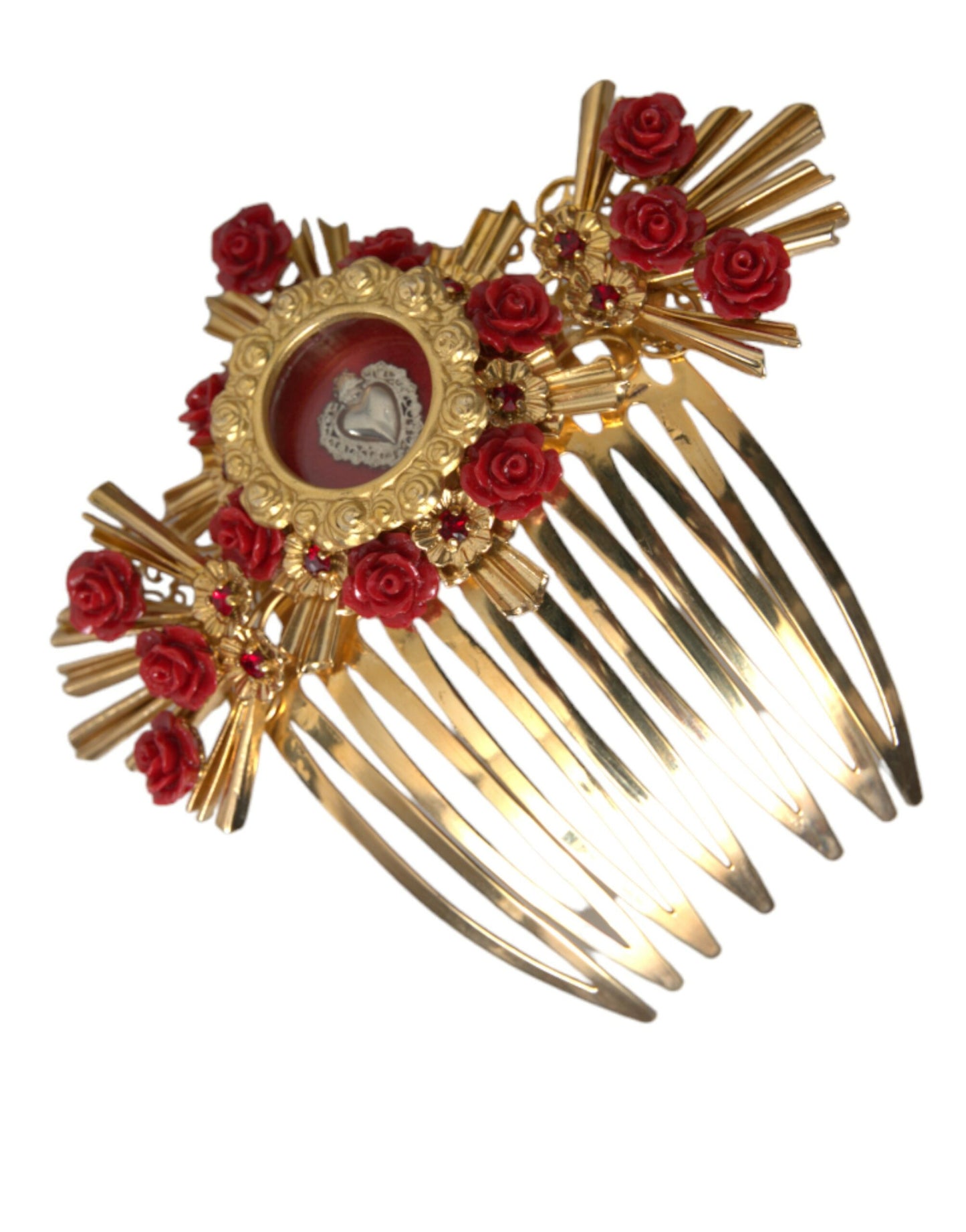 Peineta floral con corazón de cristal y latón dorado