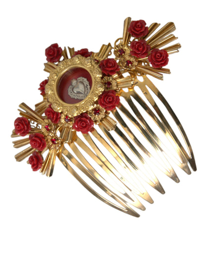 Peineta floral con corazón de cristal y latón dorado