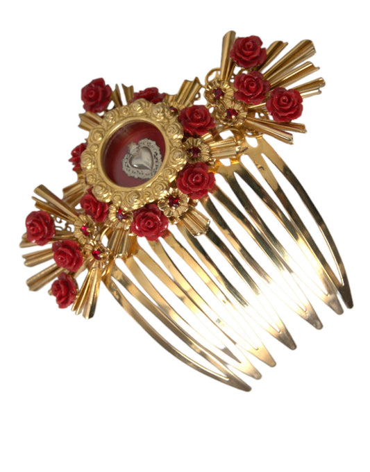 Peineta floral con corazón de cristal y latón dorado