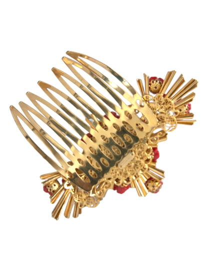 Peineta floral con corazón de cristal y latón dorado