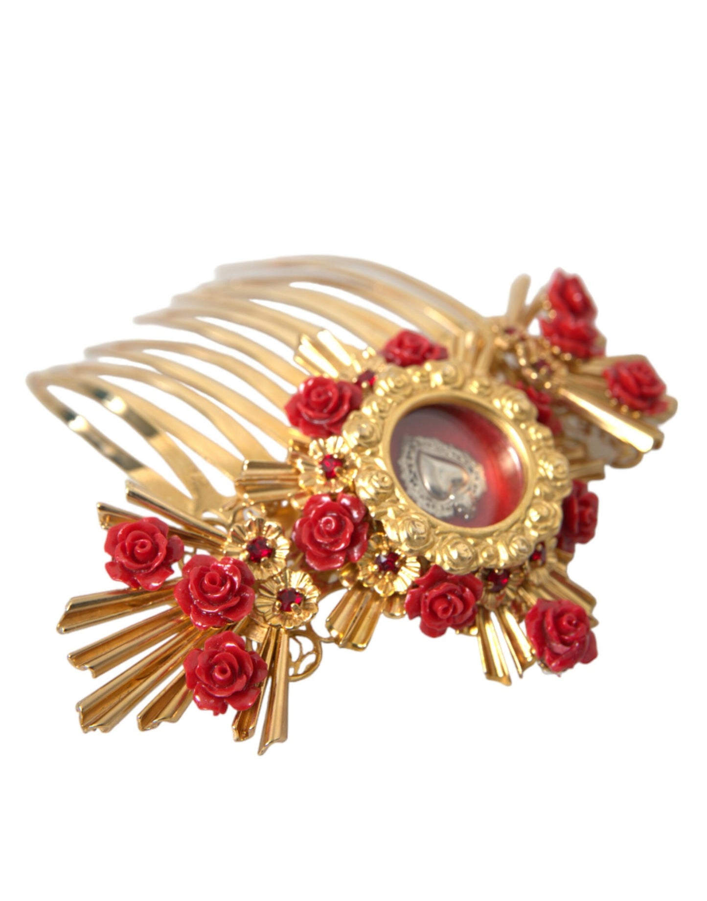 Peineta floral con corazón de cristal y latón dorado