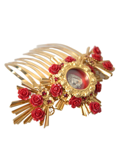 Peineta floral con corazón de cristal y latón dorado