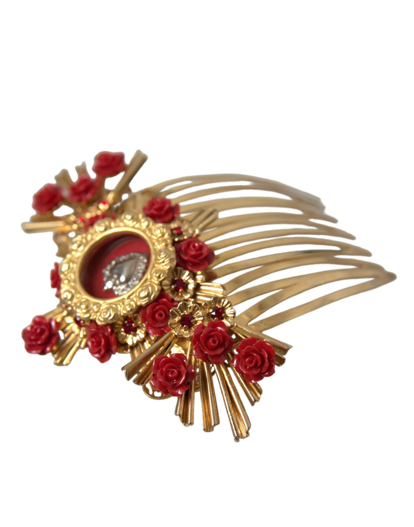 Peineta floral con corazón de cristal y latón dorado