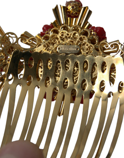 Peineta floral con corazón de cristal y latón dorado