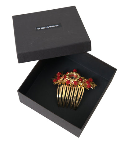 Peineta floral con corazón de cristal y latón dorado