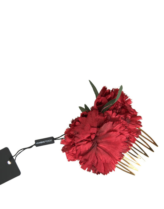 Peineta para el cabello de mujer de latón dorado con flores de seda roja